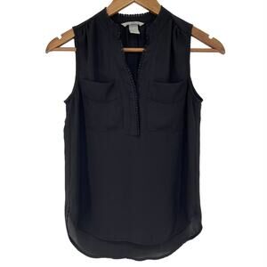 H&M Black Sleeveless Eyelet Crochet Trim Blouse Size 2 Business Casual Chic